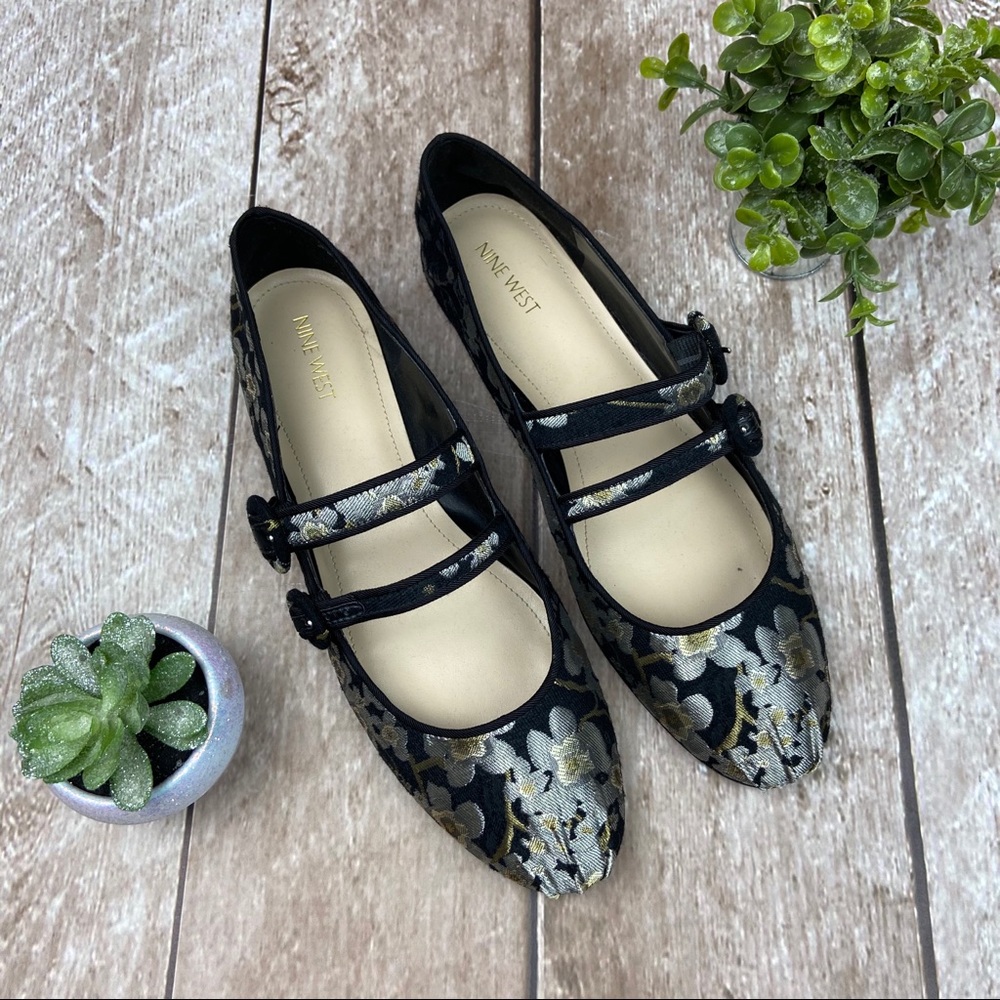 Nine West Xcerpto Floral Metallic Mary Jane Flats